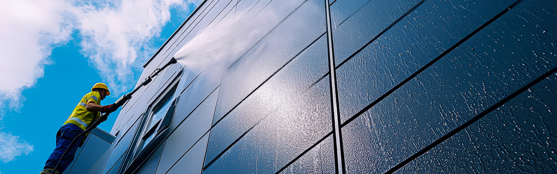 Ein Arbeiter reinigt die Glasfassade eines moderne Gebäudes an einem sonnigen Tag bei blauem Himmel