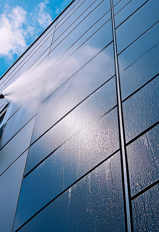 Ein Arbeiter reinigt die Glasfassade eines moderne Gebäudes an einem sonnigen Tag bei blauem Himmel