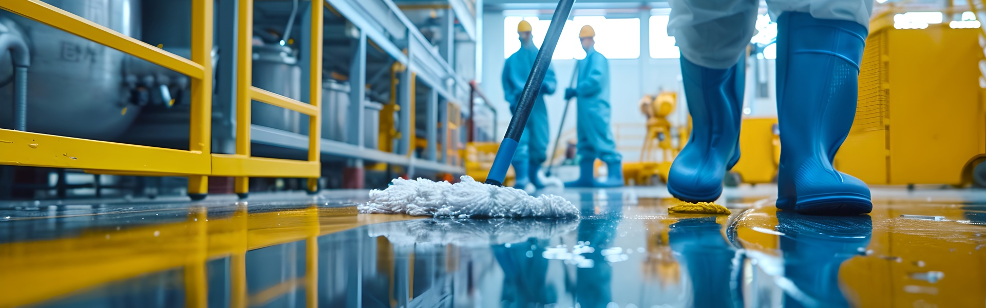 Reinigungstrupp für Industrieanlagen - die Arbeiter tragen Schutzausrüstung beim Wischen in der Fabrik.