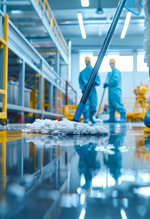 Reinigungstrupp für Industrieanlagen - die Arbeiter tragen Schutzausrüstung beim Wischen in der Fabrik.