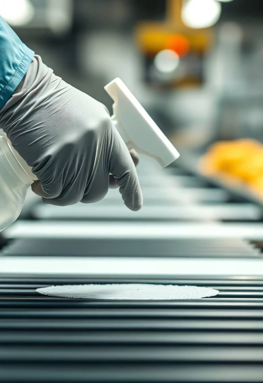 Arbeiter mit Desinfektionsspray reinigt ein Förderband in einer Lebensmittelproduktionsanlage 