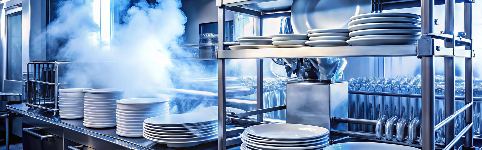 gewerbliche Spülmaschine - Dampf steigt auf, während Stapel von Tellern desinfiziert werden.