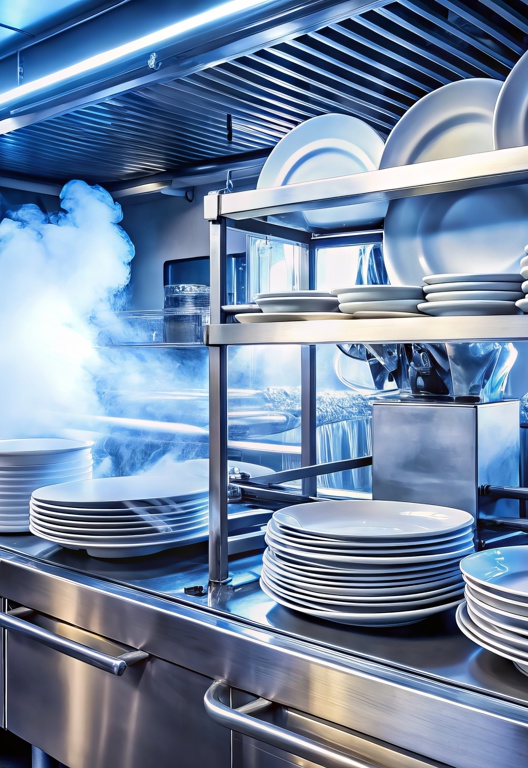 gewerbliche Spülmaschine - Dampf steigt auf, während Stapel von Tellern desinfiziert werden.